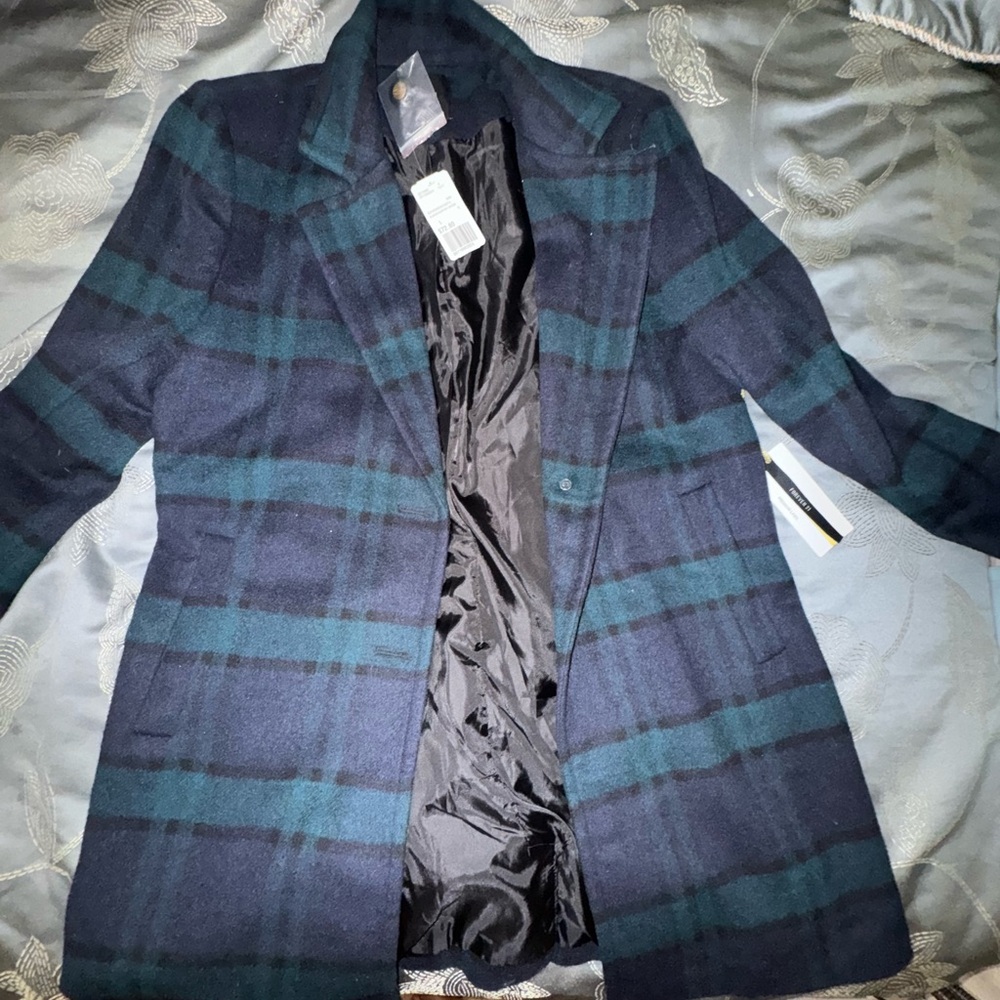 Forever 21 Wool Green/Blue/Black Plaid Blazer Coat